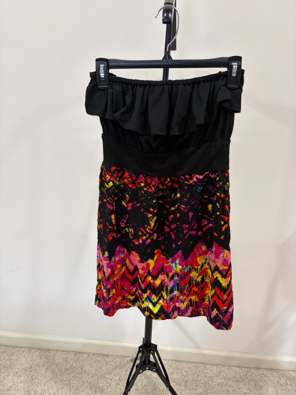 Off-Shoulder Black and Multicolor Printed Women’s Dress